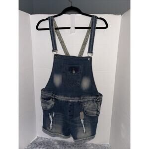 Dollhouse Jean Overall Shorts Large Light Blue Distressed Cotton Denim Womens